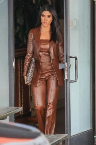Premium Brown Original Leather Single-Button Blazer — Celebrity Monochrome Style