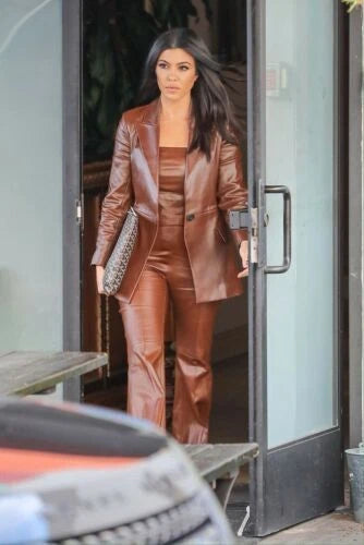 Premium Brown Original Leather Single-Button Blazer — Celebrity Monochrome Style