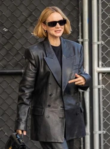 Premium Black Original Leather Oversized Double-Breasted Blazer — Celebrity Street Style