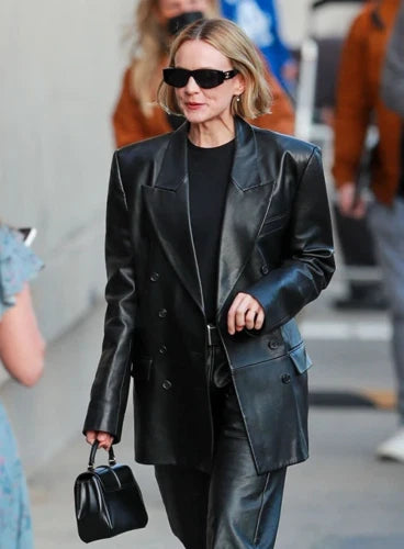 Premium Black Original Leather Oversized Double-Breasted Blazer — Celebrity Street Style