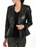 Women's black leather blazer with notch lapel and single-button front closure