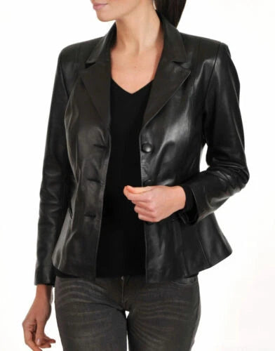 Women's black leather blazer with notch lapel and single-button front closure