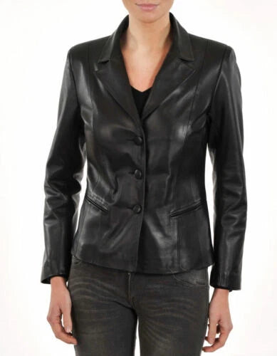 Women's Premium Black Original Leather Blazer — Classic Notch Lapel Button-Front