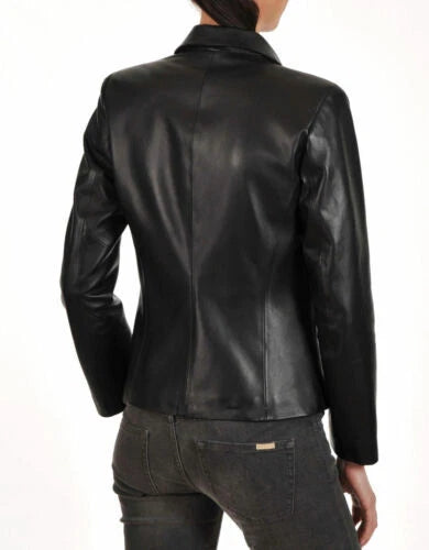 Women's Premium Black Original Leather Blazer — Classic Notch Lapel Button-Front