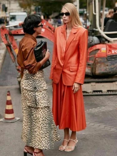 Women's Premium Orange Original Leather Blazer — Structured Single-Breasted Jacket
