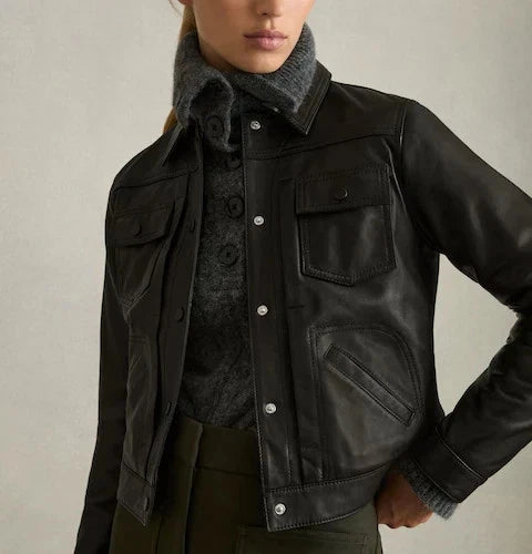 Women's black leather trucker jacket — cropped snap-button jacket with chest and side pockets