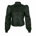 Women's dark green leather puff sleeve cropped shirt with structured shoulders and button front