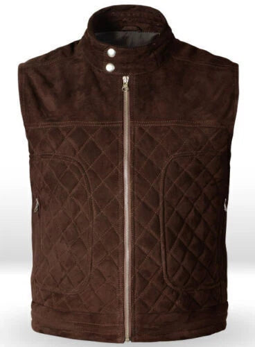 Front of dark brown quilted zip-front sleeveless vest