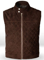 Front of dark brown quilted zip-front sleeveless vest