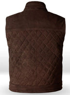Back of dark brown quilted sleeveless vest