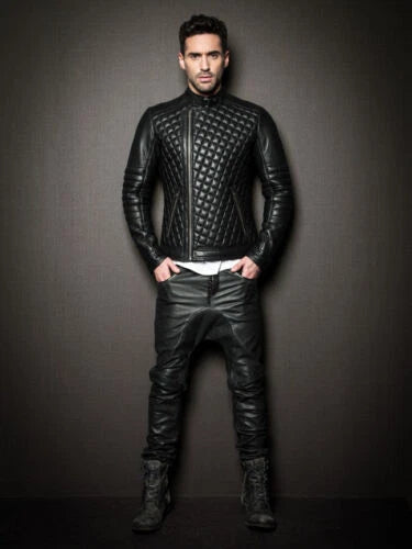Men's Black Diamond Premium Quilted Original Leather Jacket - Luxury Racer Style