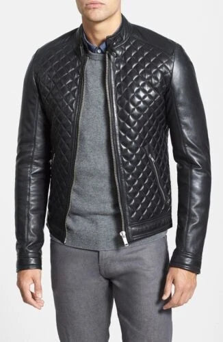 Men's Black Diamond Premium Quilted Original Leather Jacket - Luxury Racer Style