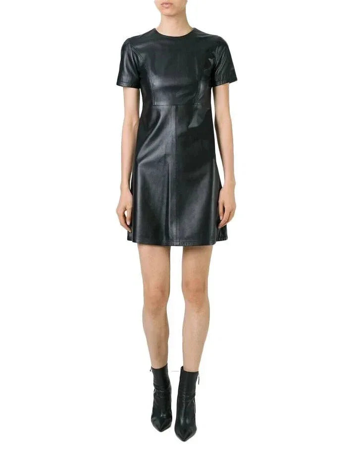 T-Shirt Original Leather Dress - Handcrafted Black Premium Leather A - Line Mini Dress - Kamercio