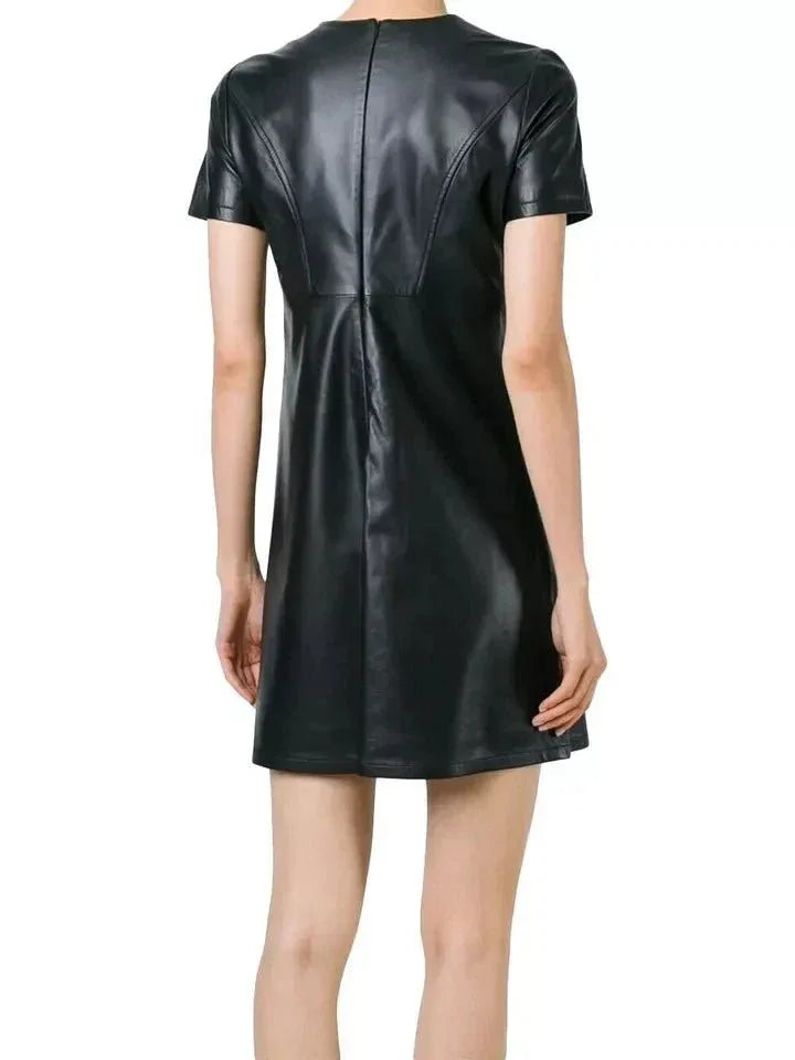 T-Shirt Original Leather Dress - Handcrafted Black Premium Leather A - Line Mini Dress - Kamercio