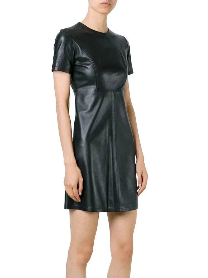 T-Shirt Original Leather Dress - Handcrafted Black Premium Leather A - Line Mini Dress - Kamercio