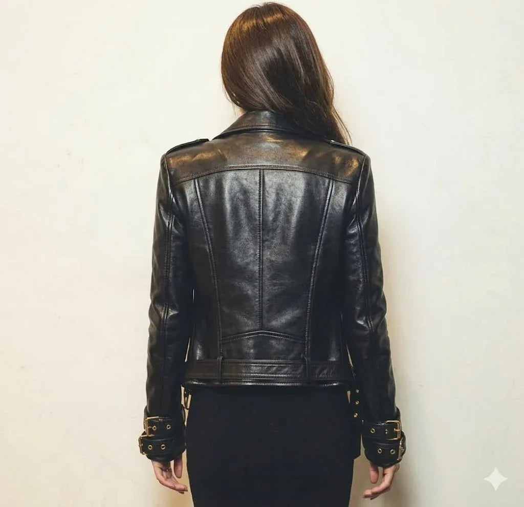 Women's Black Original Leather Biker Jacket with Gold Hardware - Premium Double-Breasted Moto