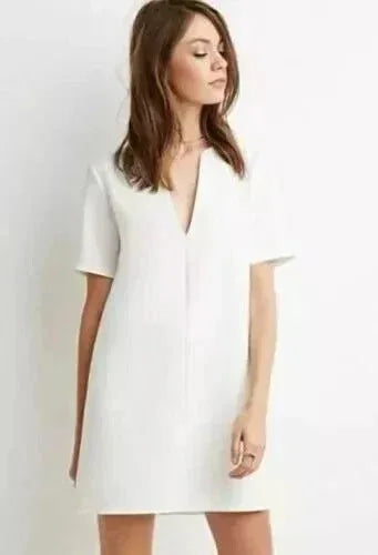 V - Neck Leather Shift Dress - Handcrafted White Leather Mini Dress - Kamercio
