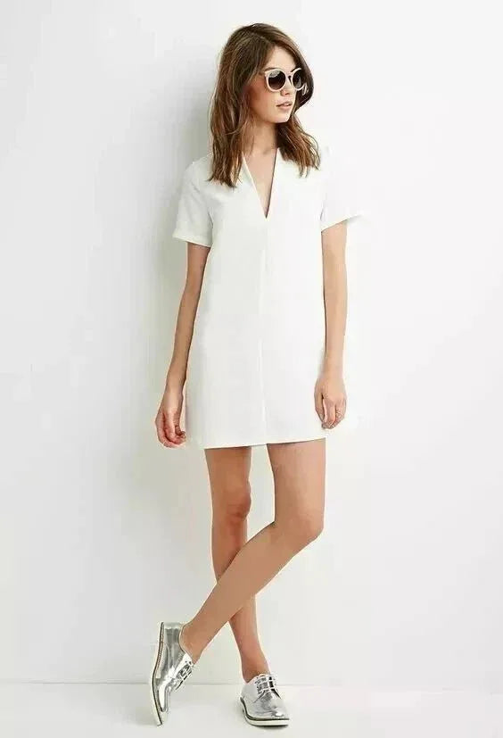 V - Neck Leather Shift Dress - Handcrafted White Leather Mini Dress - Kamercio