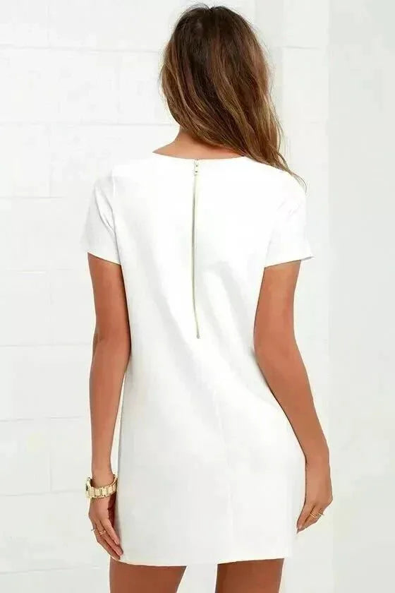 V - Neck Leather Shift Dress - Handcrafted White Leather Mini Dress - Kamercio