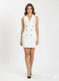 White Original Leather Dress - Double - Breasted Sleeveless Mini Premium Dress with Gold Hardware - Kamercio
