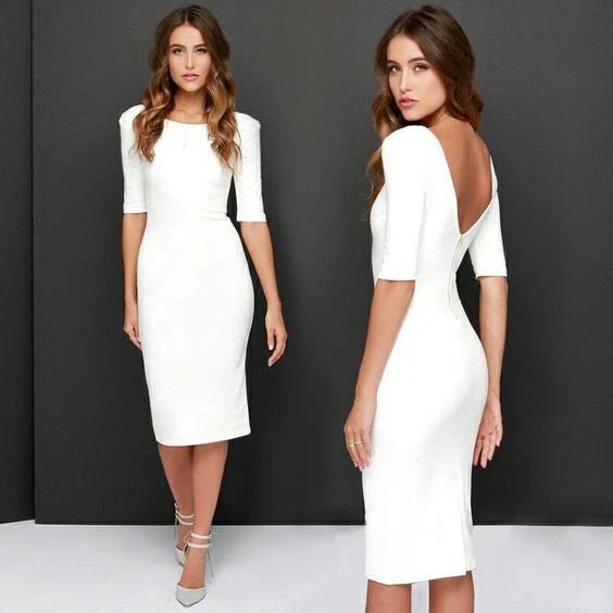 White Original Leather Dress - Midi Bodycon with Open Back and Half Sleeves - Kamercio