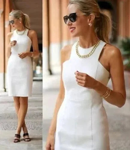 White Original Leather Dress - Sleeveless Midi Sheath with High Neckline - Kamercio