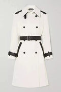White Original Leather Trench Coat with Black Trim - Double - Breasted Belted Premium Coat for Women - Kamercio