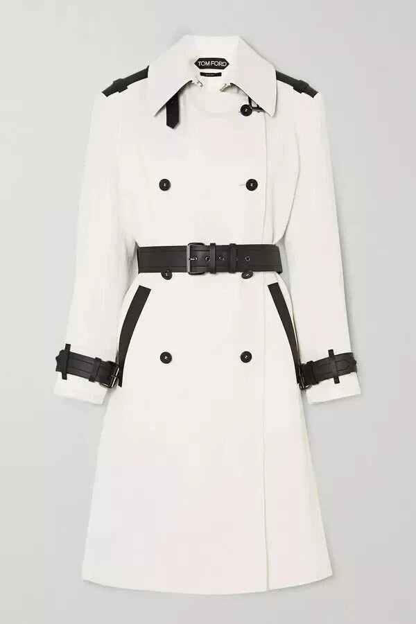 White Original Leather Trench Coat with Black Trim - Double - Breasted Belted Premium Coat for Women - Kamercio