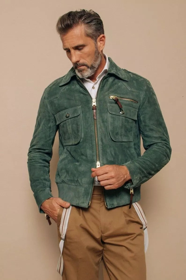 Original Men Sage Green Suede Field Jacket - Handcrafted Full-Grain Leather Military Style
