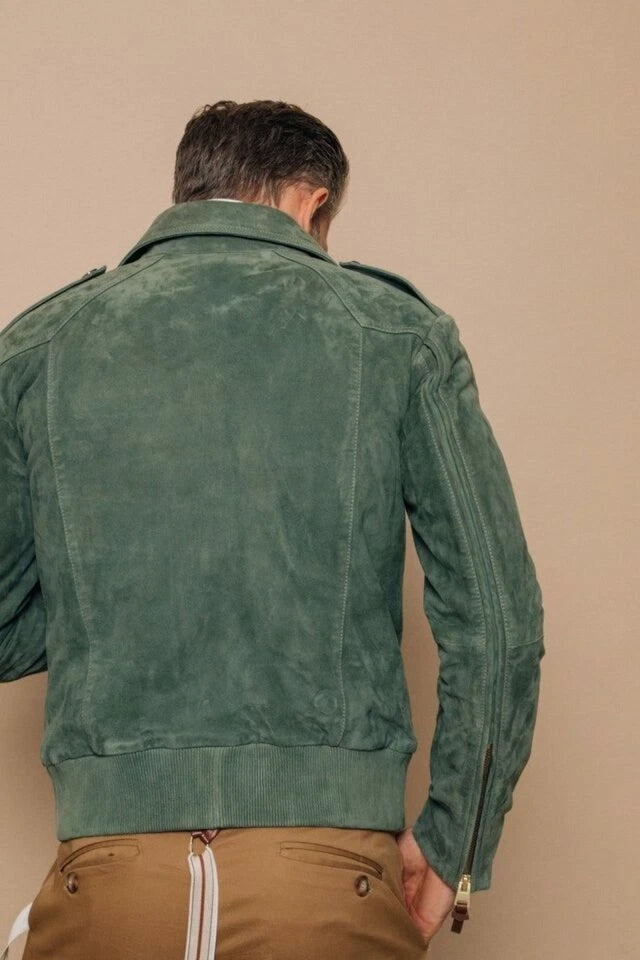 Original Men Sage Green Suede Field Jacket - Handcrafted Full-Grain Leather Military Style