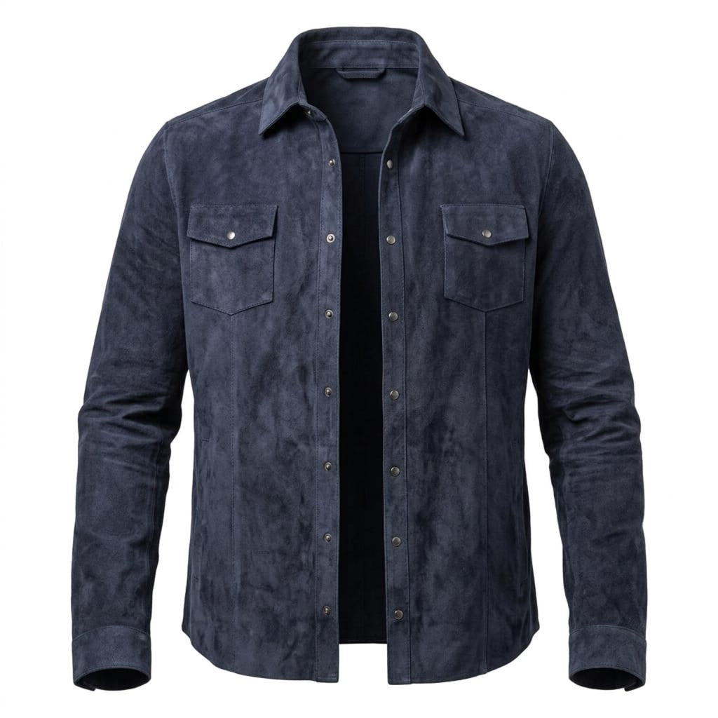 Men's Premium Blue Suede Leather Shirt — Snap-Button Overshirt in Premium Original Leather