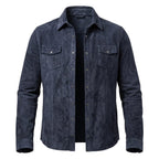 Men's Premium Blue Suede Leather Shirt — Snap-Button Overshirt in Premium Original Leather