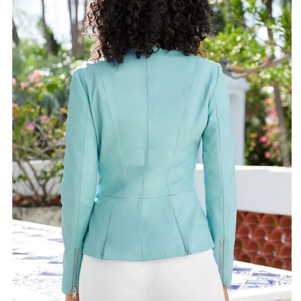 Women's Premium Blue Genuine Lambskin Leather Peplum Jacket