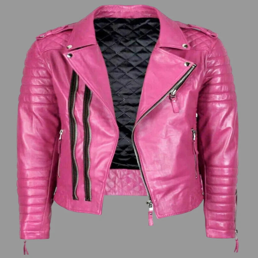 Men's Hot Pink Lambskin Original Leather Quilted Biker Jacket