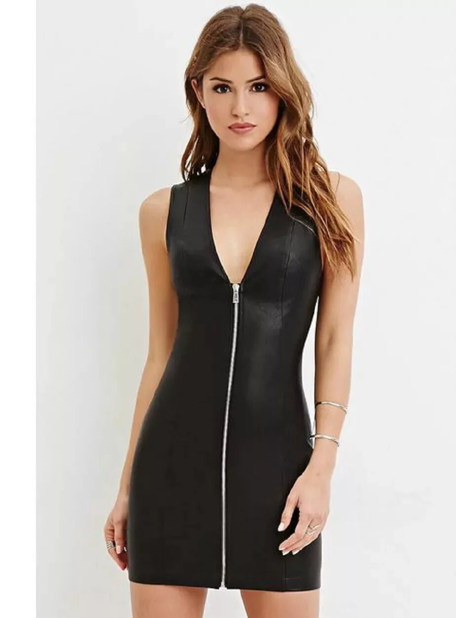 Women's Black Leather Bodycon Dress with Front Zipper - Sleeveless Mini Dress - Kamercio