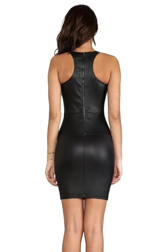 Women's Black Leather Racerback Bodycon Original Dress - Sleeveless Mini Premium Dress with Back Zipper - Kamercio