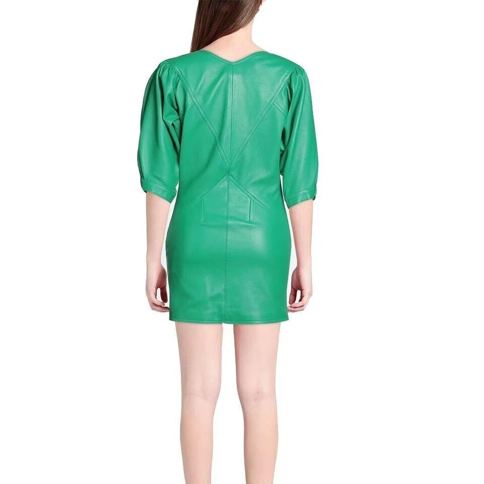 Women's Emerald Green Original Leather Premium Dress with Puff Sleeves - V - Neck Mini Dress - Kamercio