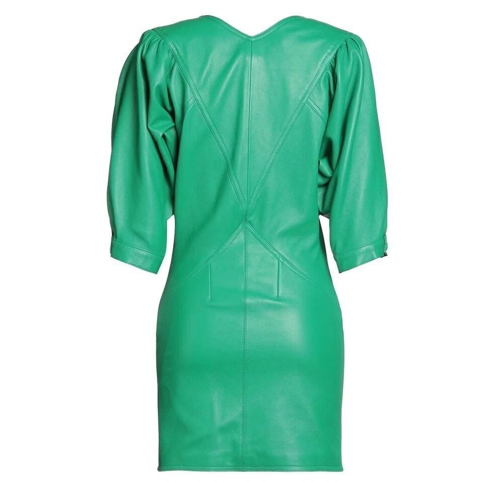 Women's Emerald Green Original Leather Premium Dress with Puff Sleeves - V - Neck Mini Dress - Kamercio