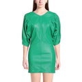 Women's Emerald Green Original Leather Premium Dress with Puff Sleeves - V - Neck Mini Dress - Kamercio