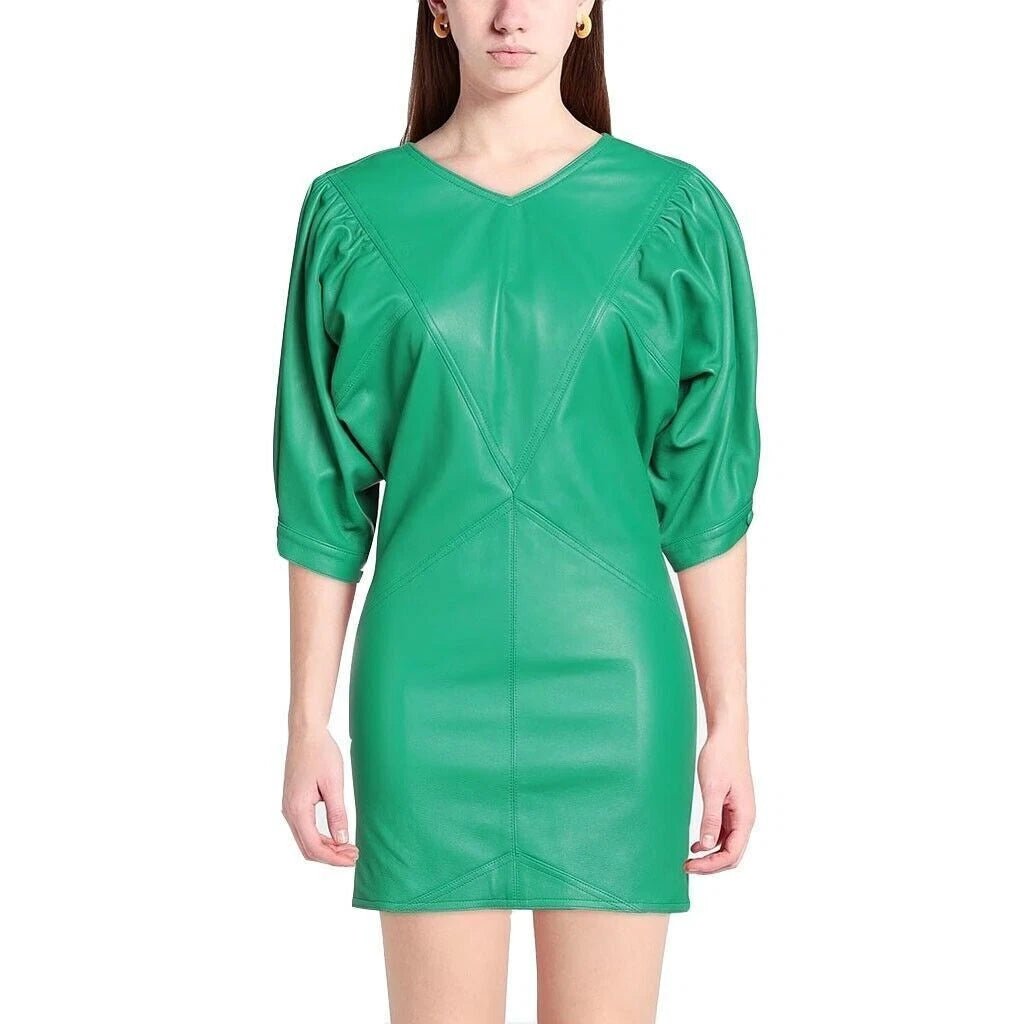 Women's Emerald Green Original Leather Premium Dress with Puff Sleeves - V - Neck Mini Dress - Kamercio
