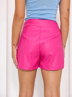 Women's Hot Pink Original Leather Shorts - High - Waisted Shorts with Button Pocket Details - Kamercio