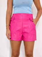 Women's Hot Pink Original Leather Shorts - High - Waisted Shorts with Button Pocket Details - Kamercio