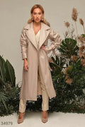 Women's Original Beige Full - Grain Leather Trench Coat – Handcrafted Belted Premium Long Coat - Kamercio