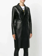 Women's Original Black Full - Grain Leather Double - Breasted Coat – Handcrafted Premium Long Coat - Kamercio