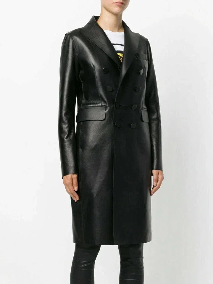 Women's Original Black Full - Grain Leather Double - Breasted Coat – Handcrafted Premium Long Coat - Kamercio
