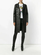 Women's Original Black Full - Grain Leather Double - Breasted Coat – Handcrafted Premium Long Coat - Kamercio