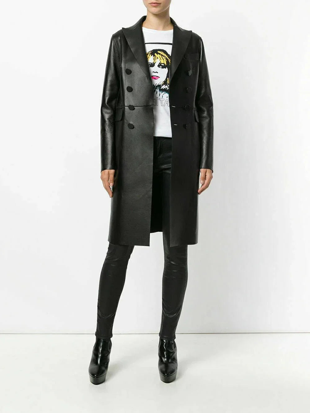 Women's Original Black Full - Grain Leather Double - Breasted Coat – Handcrafted Premium Long Coat - Kamercio