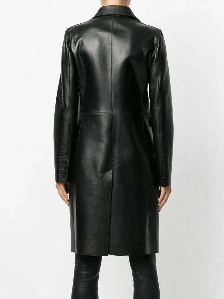 Women's Original Black Full - Grain Leather Double - Breasted Coat – Handcrafted Premium Long Coat - Kamercio