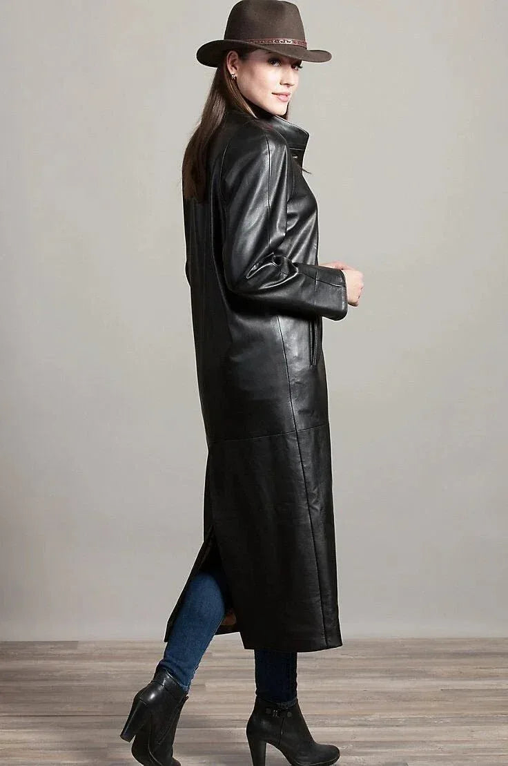 Women's Original Black Full - Grain Leather Duster Coat – Handcrafted Premium Long Trench Coat - Kamercio