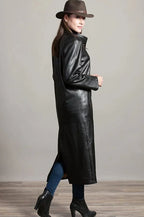 Women's Original Black Full - Grain Leather Duster Coat – Handcrafted Premium Long Trench Coat - Kamercio